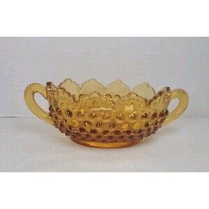 Vintage Fenton Glass Colonial Hobnail Amber Candy Dish Double Handled Scalloped